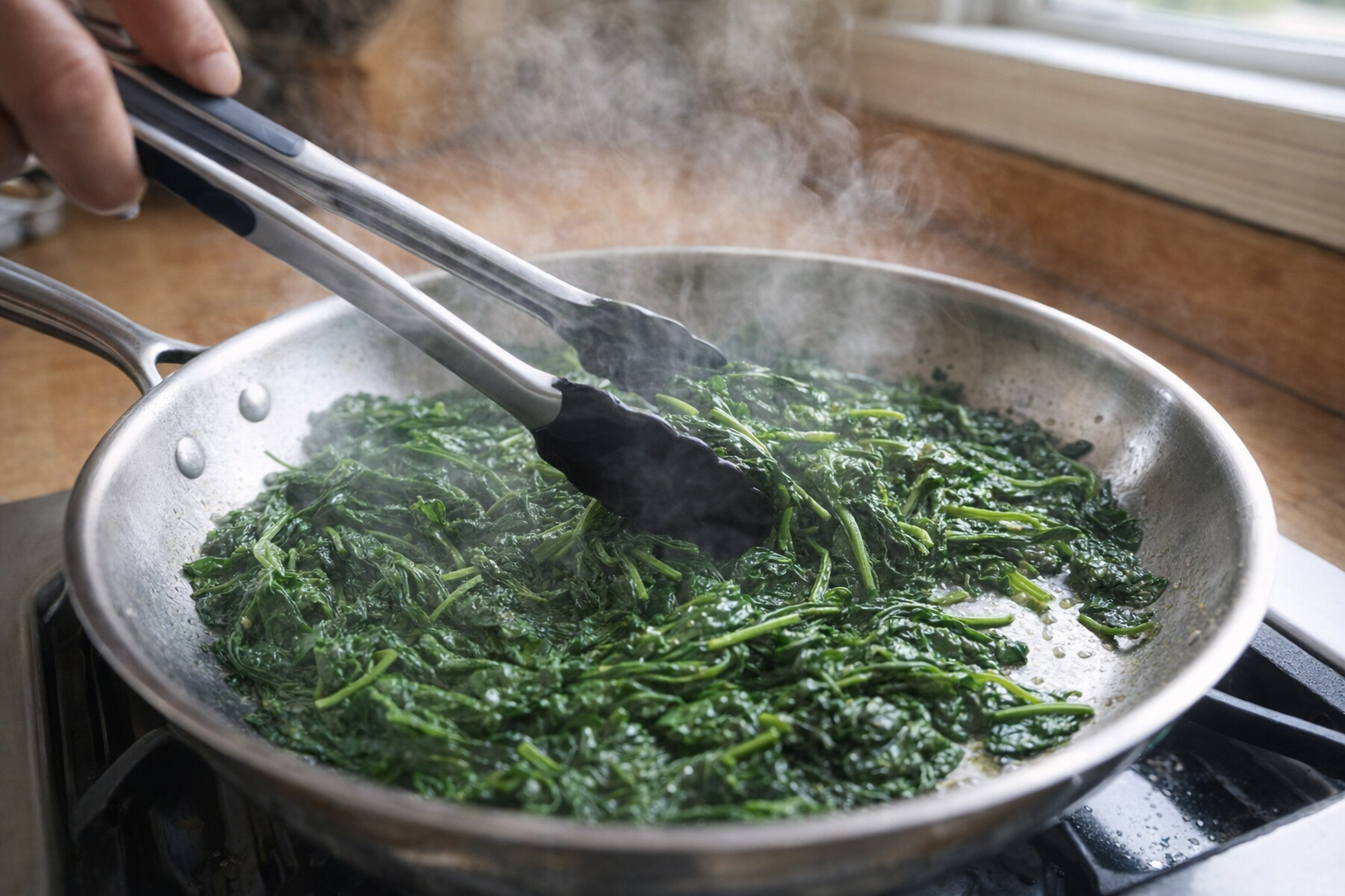 An overhead shot of spinach being sautéed in a stainless steel skillet, tongs stirring the wilting leaves, steam rising, bright kitchen lighting